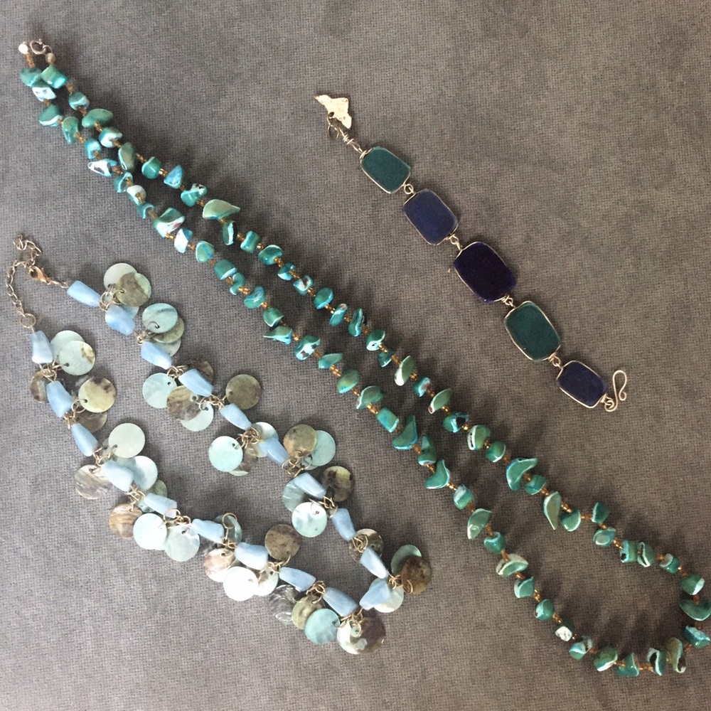 Necklaces and bracelets. Blues & greens.