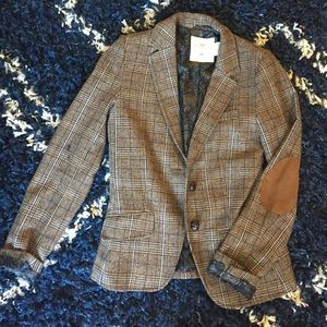 H&M brown, tan, and blue plaid blazer