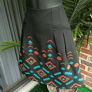 Nanette Lepore Black Geometric Embroidered Pleated A-Line Skirt Size 4