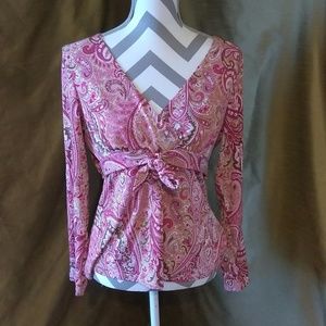 😺 Gorgeous Belted Pink Paisley Blouse w/ Sequins