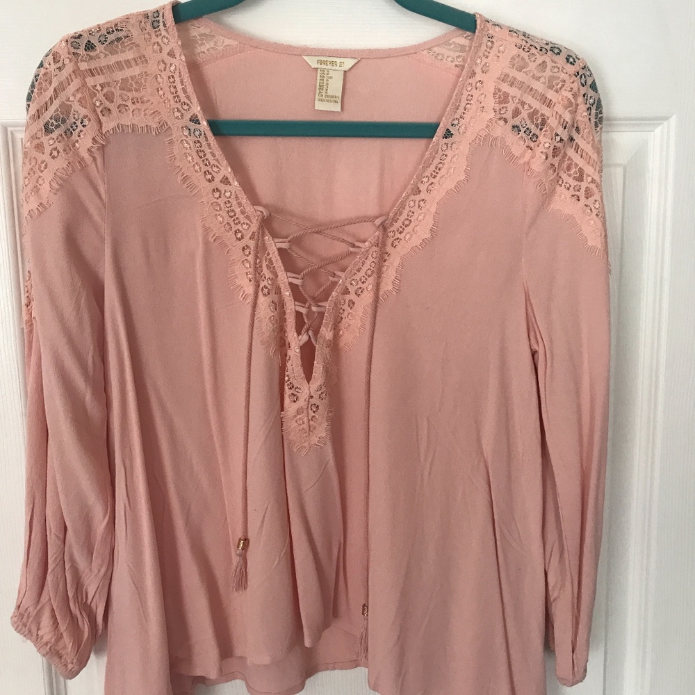 Forever21 Blush Lace Up Top with Eyelash Lace