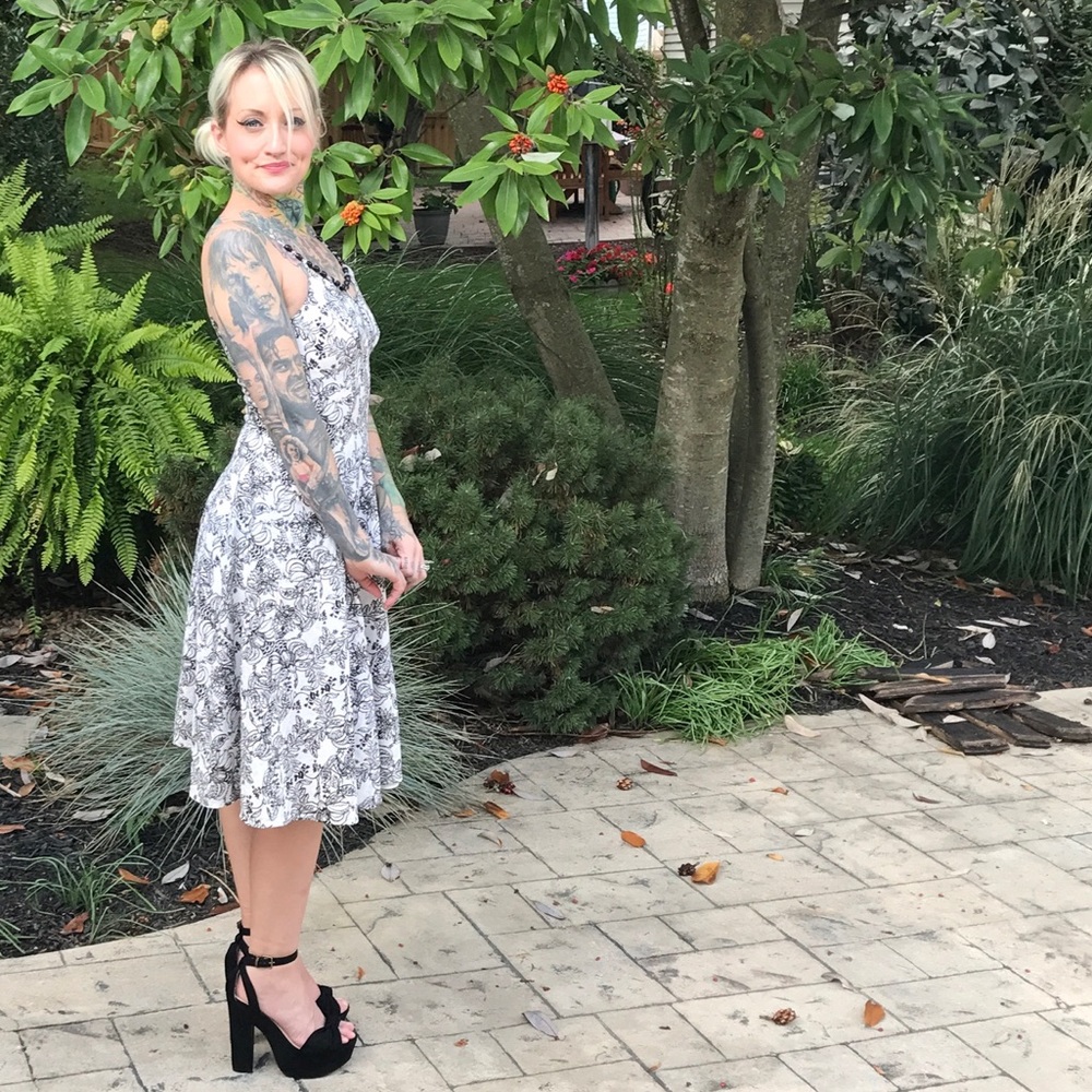 Botanical Print Dress w/ Suspended Bead Neckline