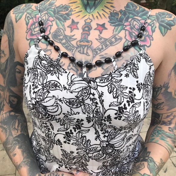 Botanical Print Dress w/ Suspended Bead Neckline - Picture 4 of 4