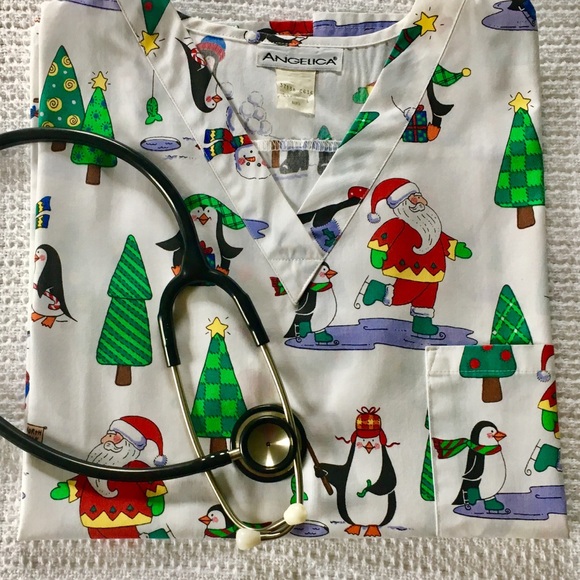 ANGELICA Other - Large Christmas Scrub top with Santa/Trees