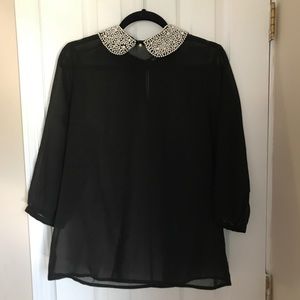 Sheer Black Blouse with Beaded Collar