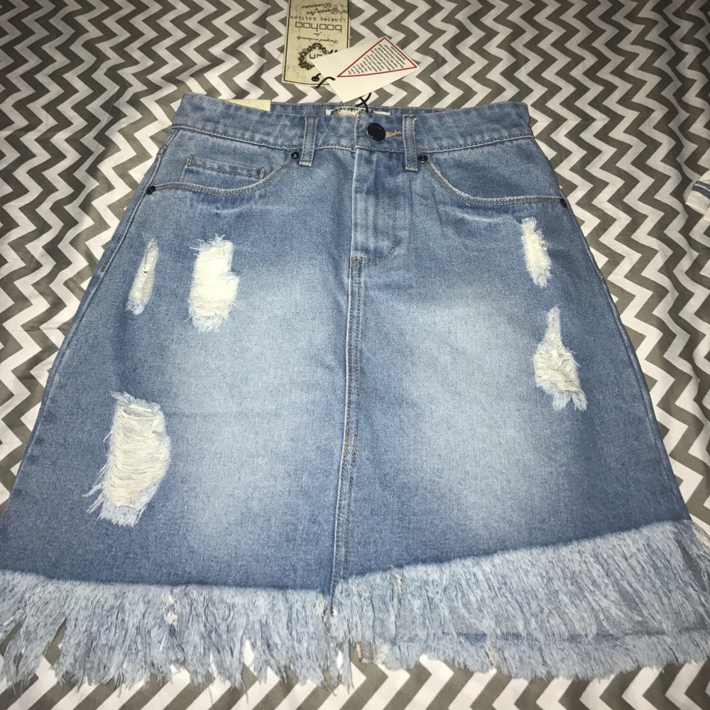 Tall Denim Distressed Fringed Skirt