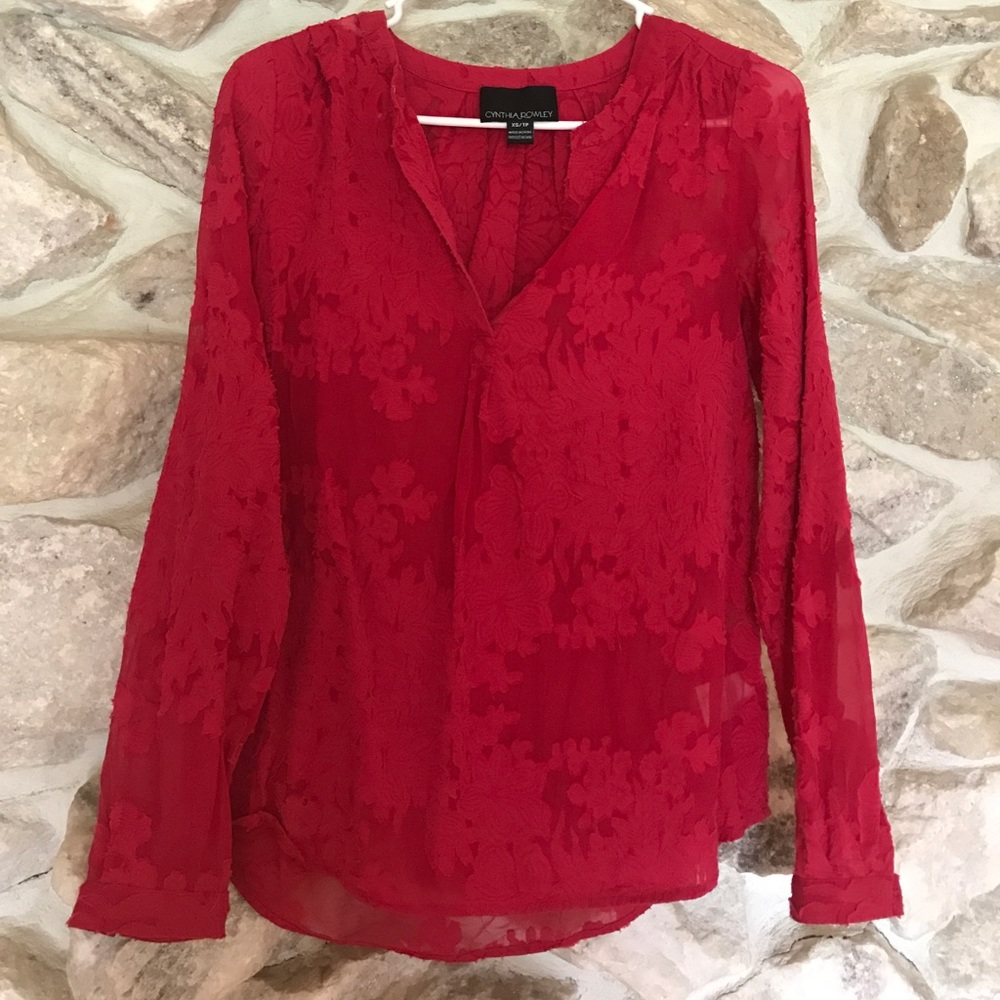 Cynthia Rowley Semi-Sheer Red Lace Overlay Blouse