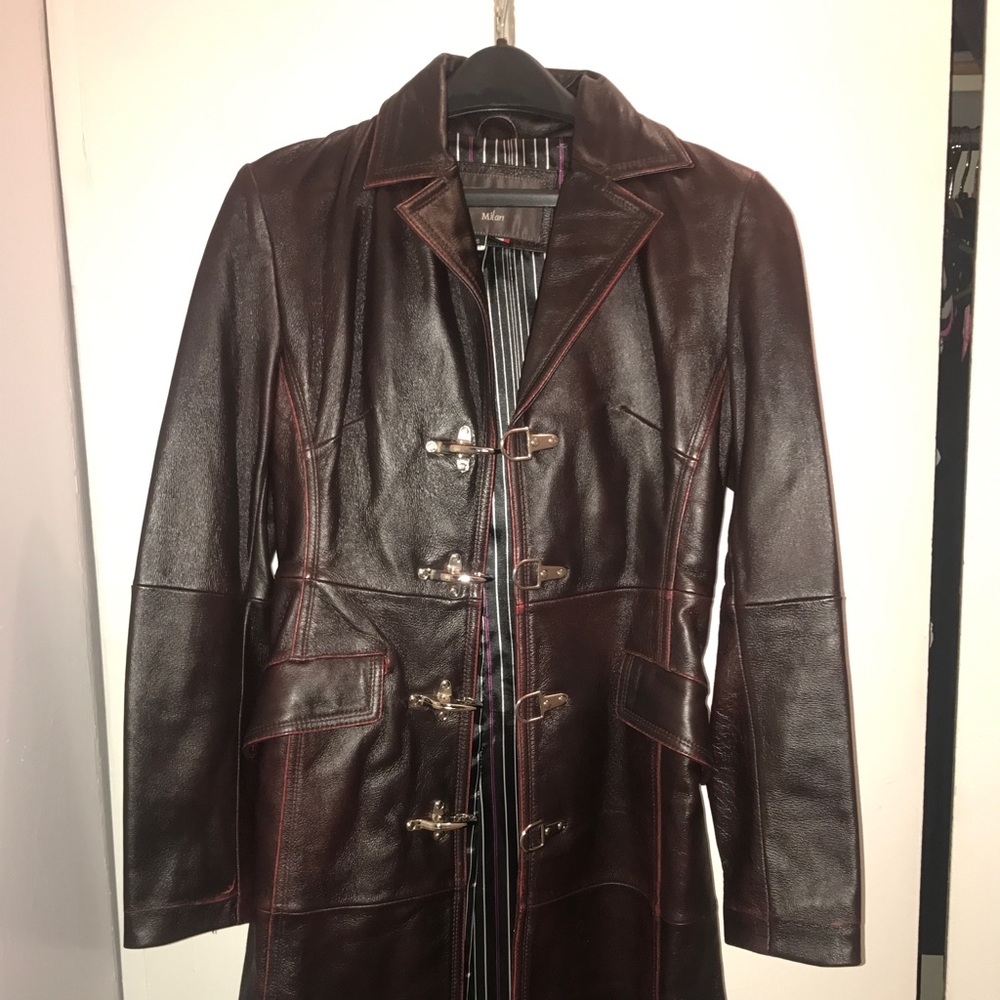 Distressed real leather knee length  jacket