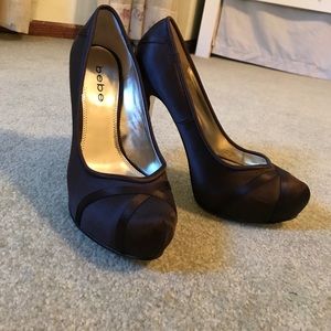 Bebe brown satin Platinum Heels. Bebe brown satin Platinum Heels.