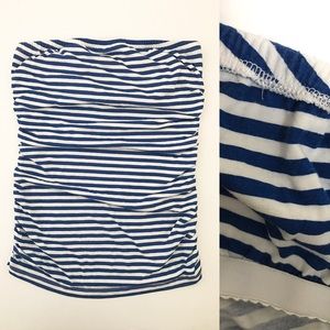 Blue & White Striped Ruched Tube Top