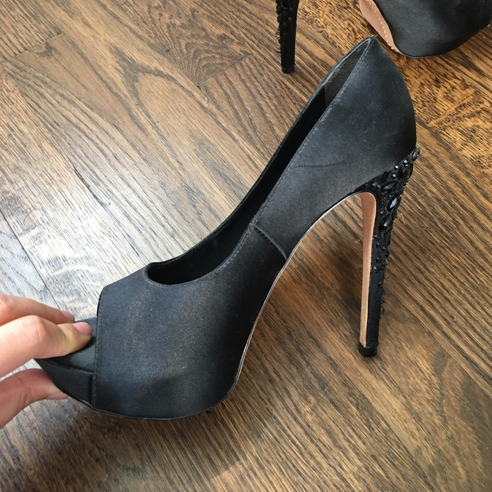 Alice & Olivia black crystal open toe heels