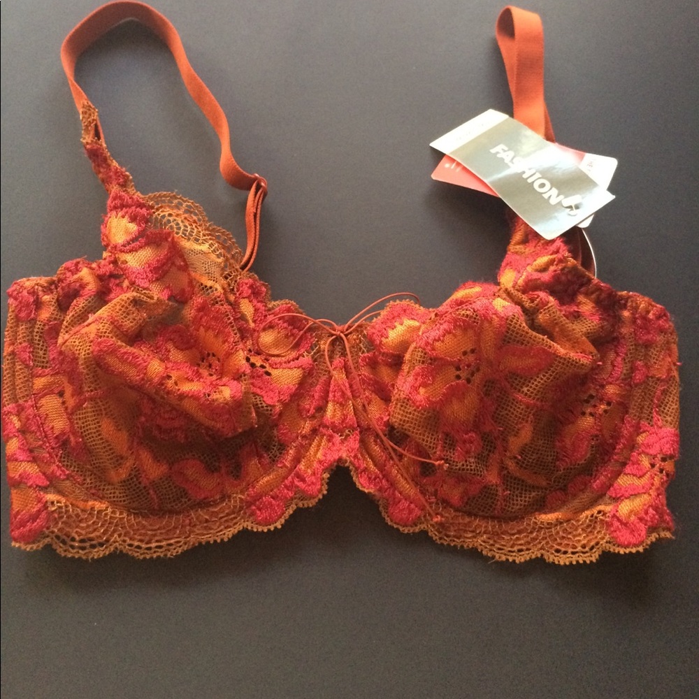 Sheer orange cotton bra with red designs