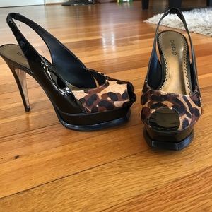 Bebe patent leather Zahara Calf Hair 4 1/2" heels.