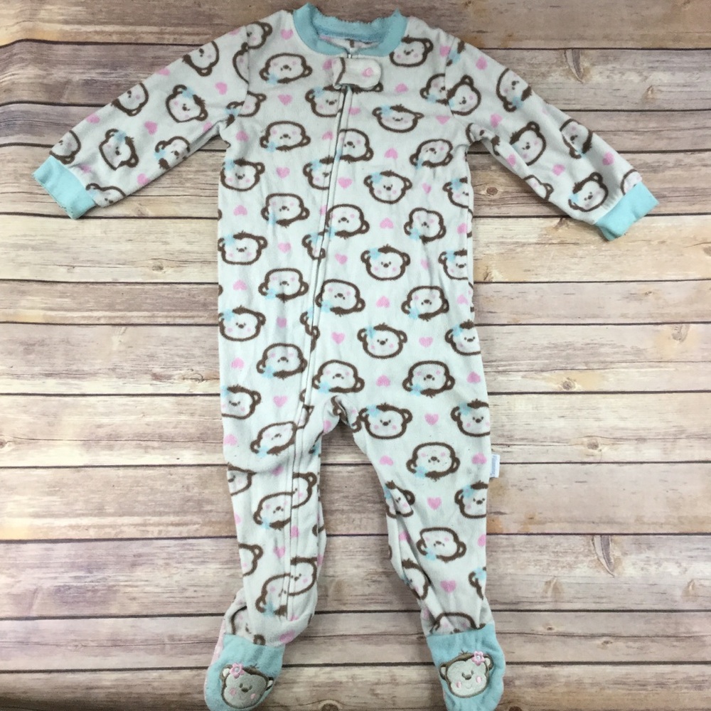 One piece footie pajamas with monkeys & hearts