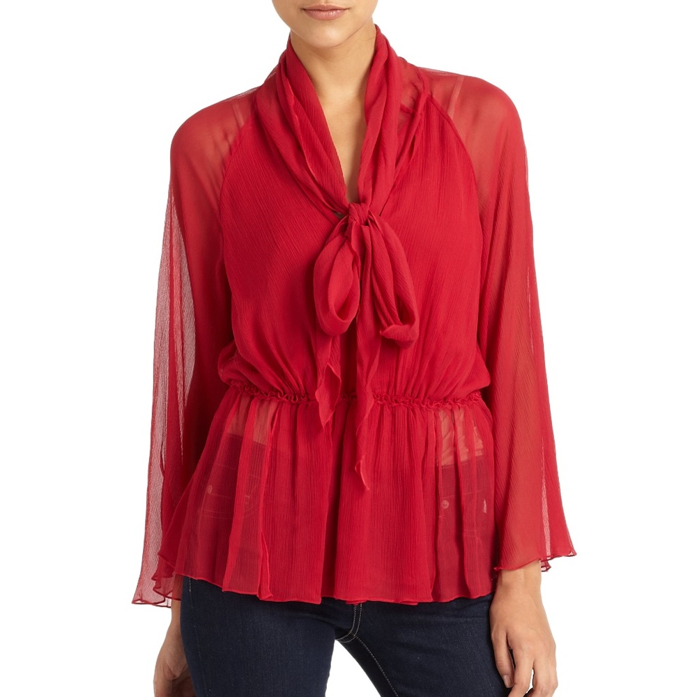BCBGMAXAZRIA "MONROE" Red Long Sleeve Silk Blouse