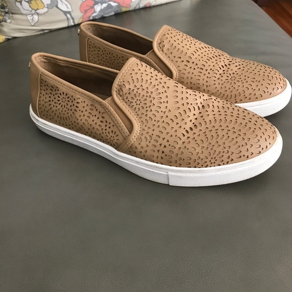 camel colored slip on sneakers