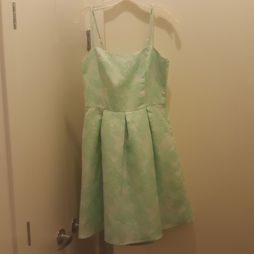 Ruche retro mint green brocade dress open back