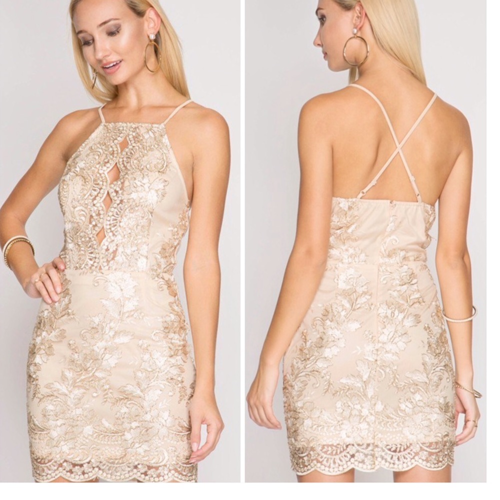 Golden Embroidered Mini Dress - Picture 1 of 8