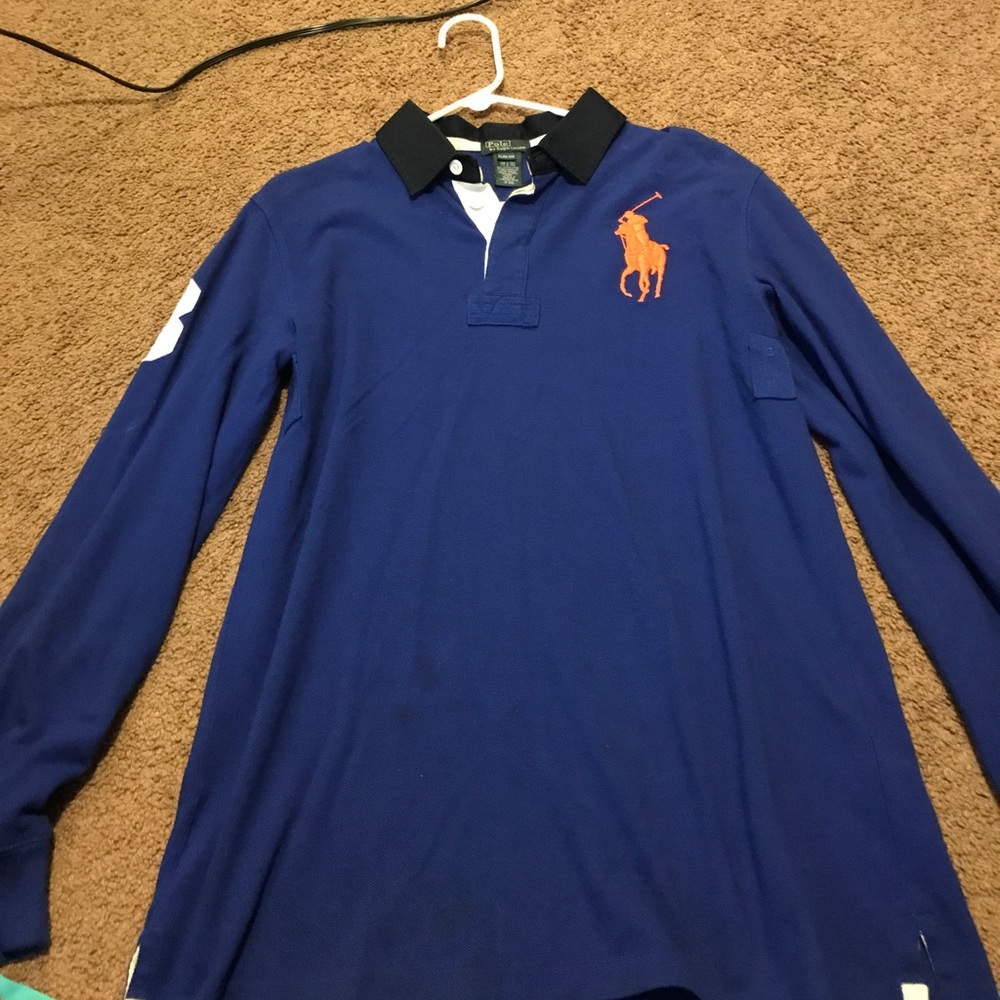Blue and orange long sleeved polo