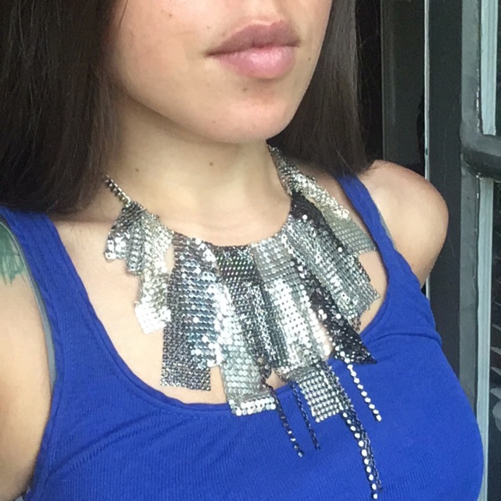 Chunky layered silver metal necklace