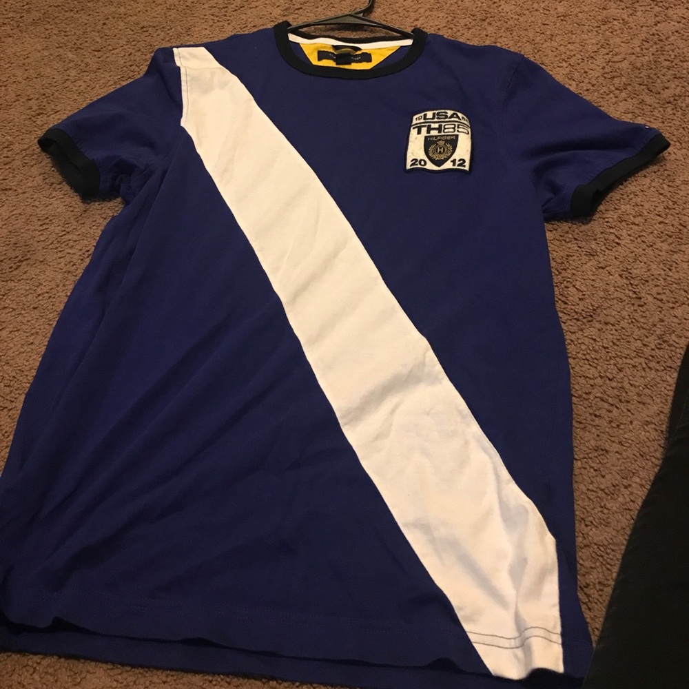 Navy, white, and blue polo tee