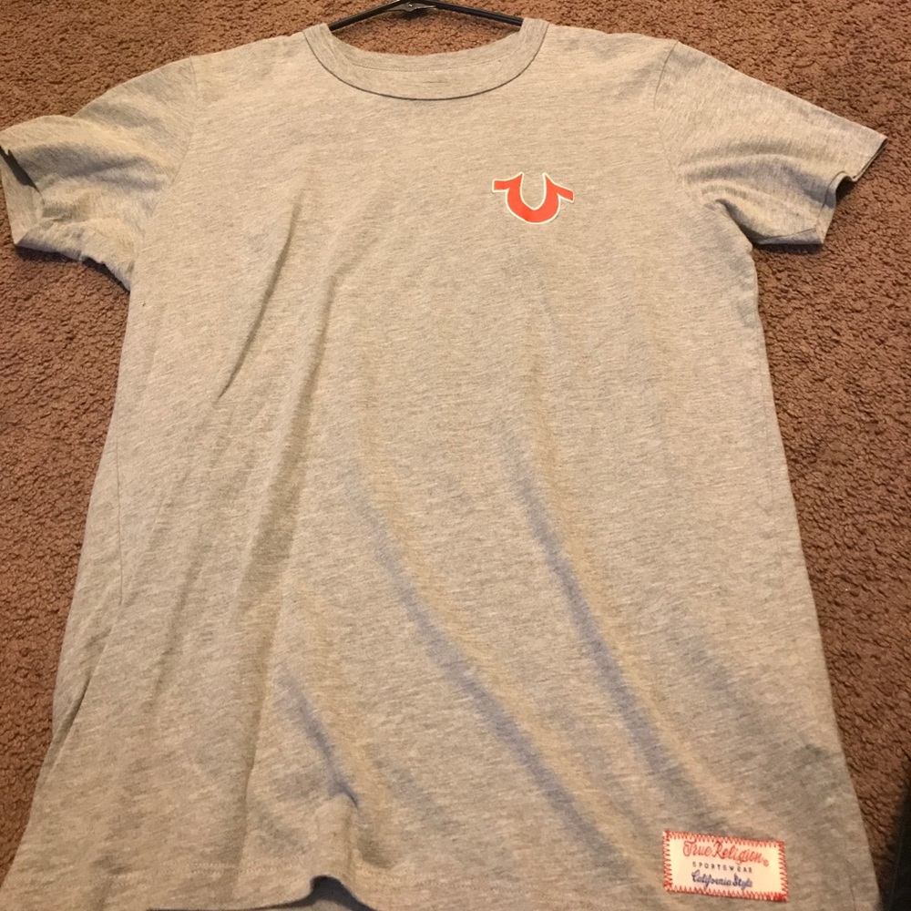 Grey, white, and red true religion tee