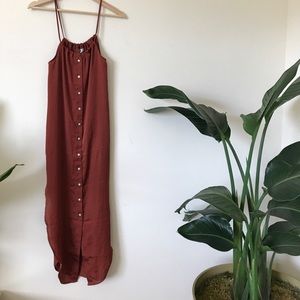 Silky, rust, button-front, slip dress
