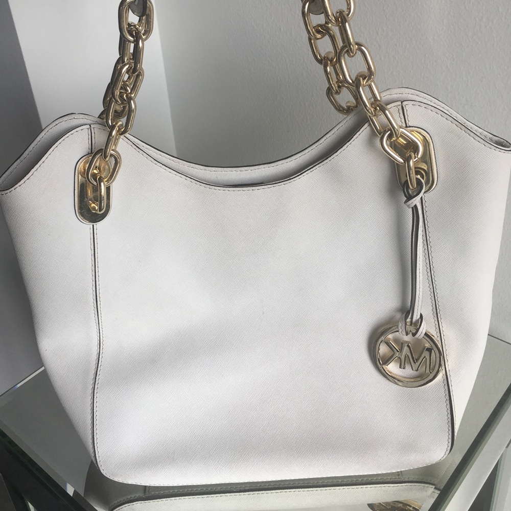 Micheal Kors White Leather Chain Tote