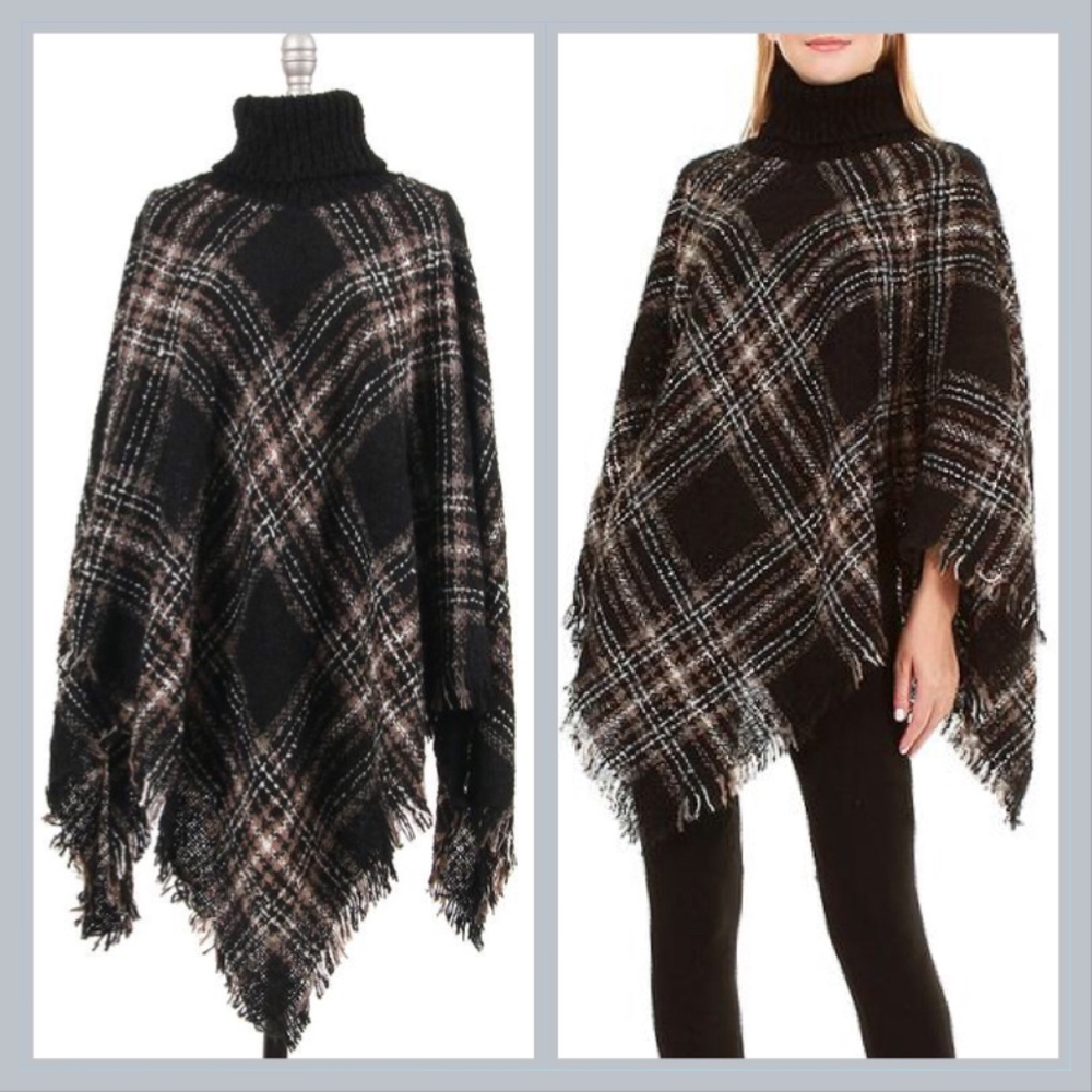 Grey/black plaid fringe turtleneck shawl poncho - Picture 1 of 5