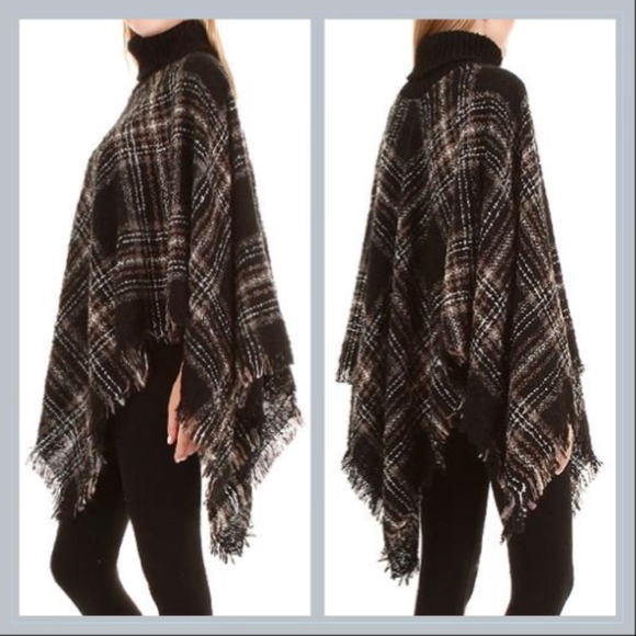 Grey/black plaid fringe turtleneck shawl poncho - Picture 2 of 5