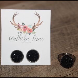 Black Druzy Earring & Ring Set