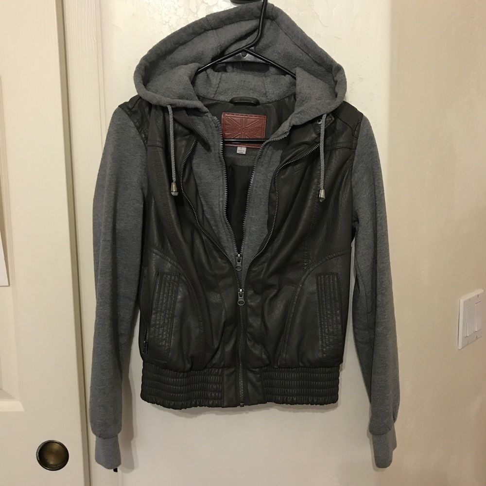Junior's Large Gray Hooded Leather Jacket