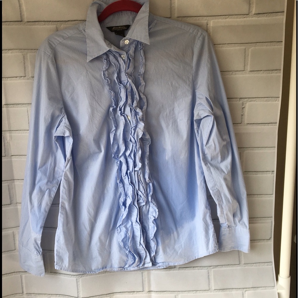 Eddie Bauer blue white stripe button down ruffled