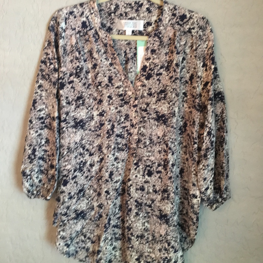 Amour Vert Silk V-Neck Blouse, NWT