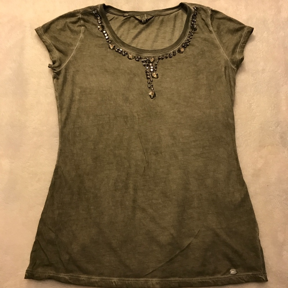 Guess distressed olive green tee