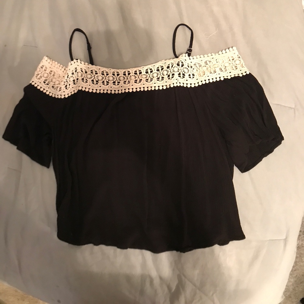 Black, off the shoulder, top lined with white lace