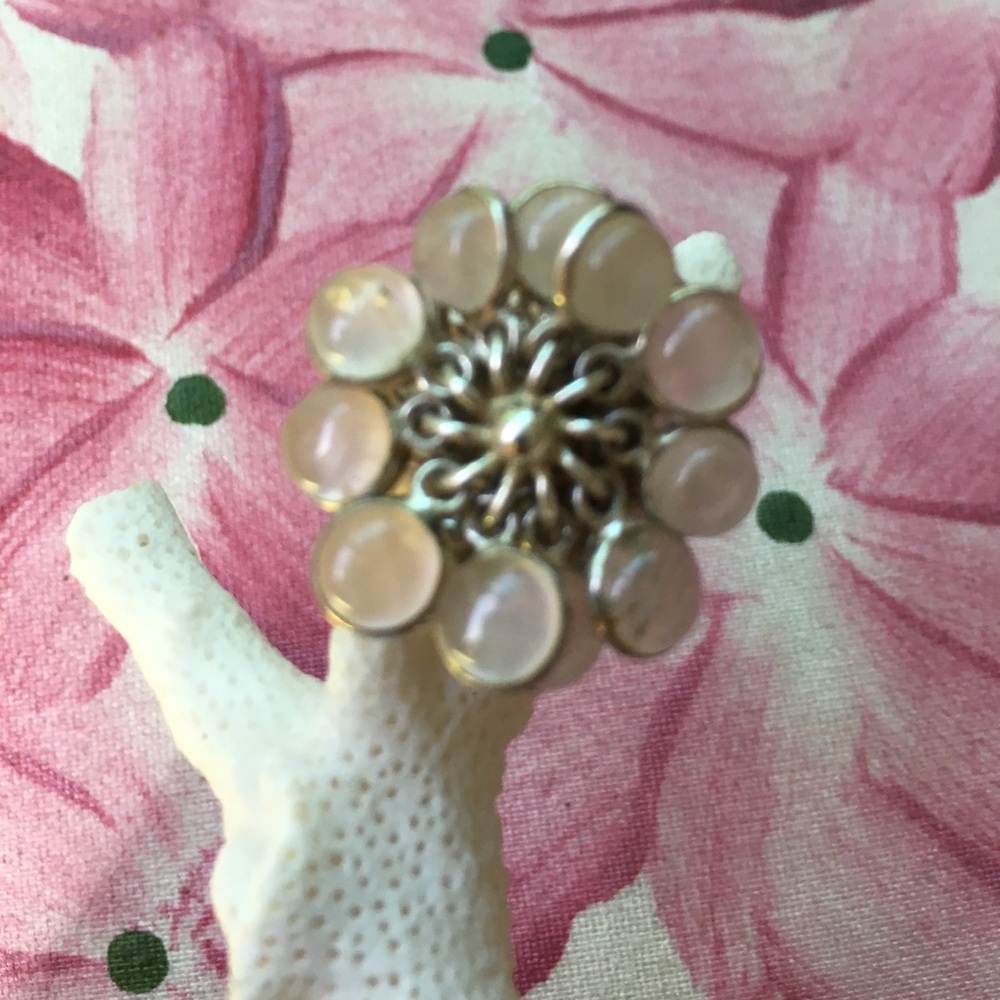Silver Pink Moonstone Cluster Dangle Ring