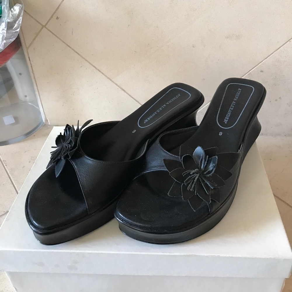 Black Slip On Leather Wedges