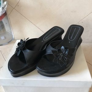 Black Slip On Leather Wedges