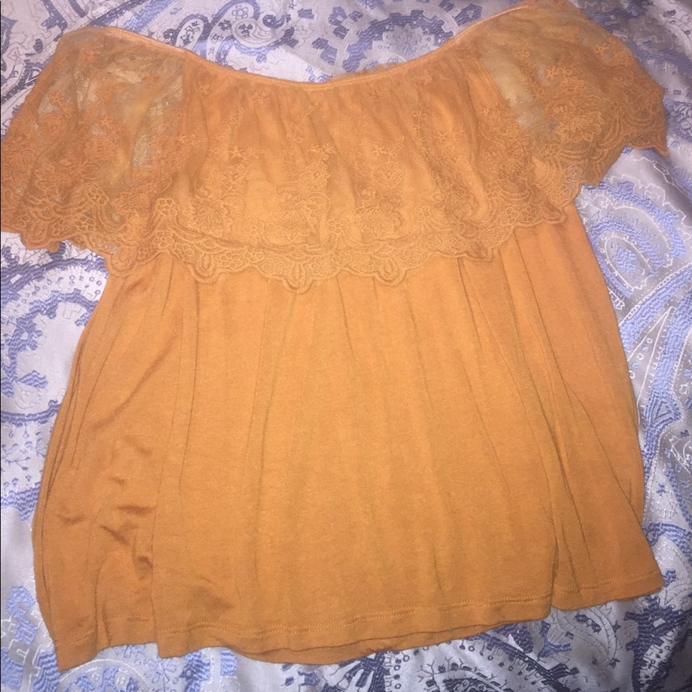 MUSTARD LACE OFF SHOULDER TOP