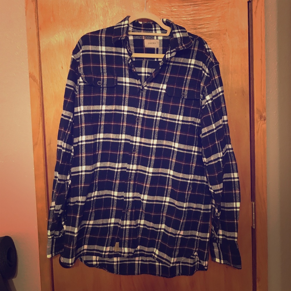 SOLD — navy & red long sleeve button up