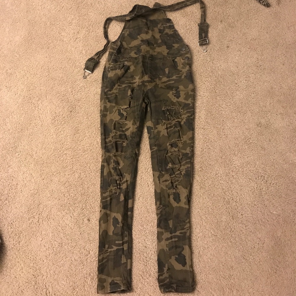 Distressed camo overalls