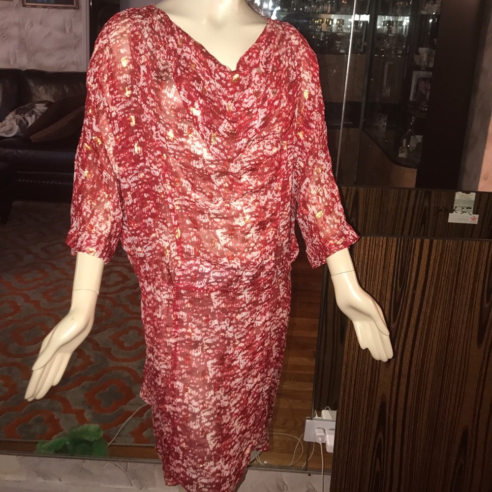Golde red white chiffon gold lurex mini dress L