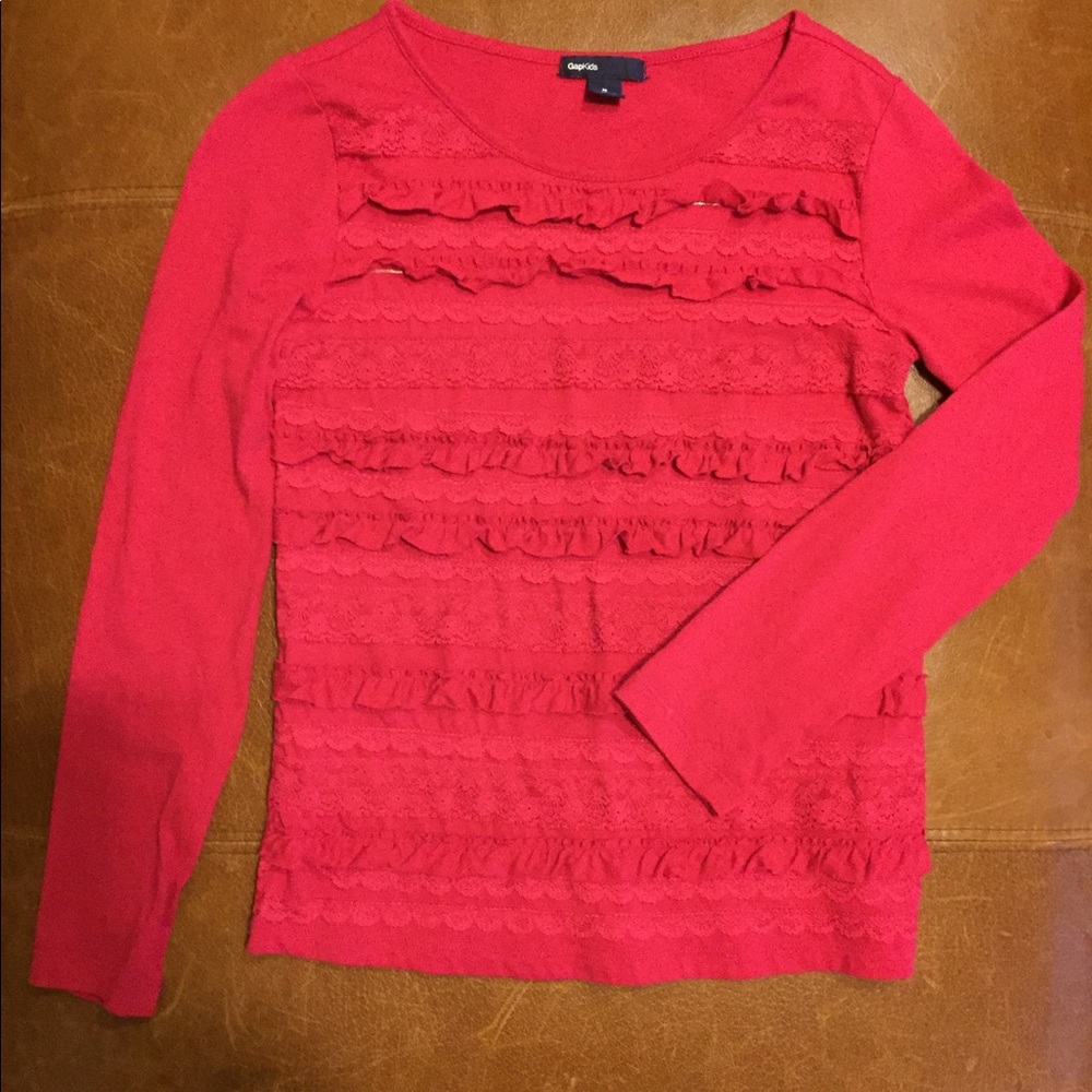 GapKids pink ruffled long sleeve shirt. Medium, 8.