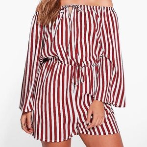 Boohoo Plus striped off-the-shoulder romper