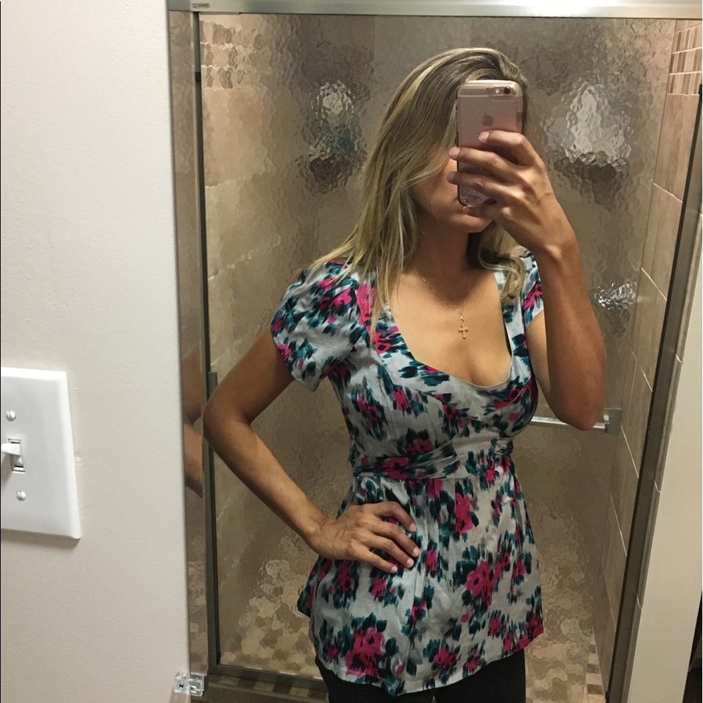 Topshop grey and floral print zip blouse