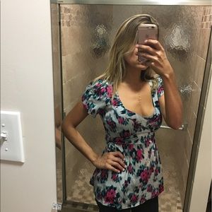 Topshop grey and floral print zip blouse