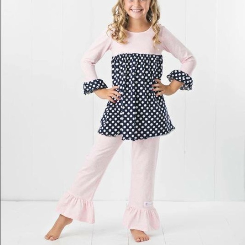 Navy polka dot top and ruffle pant set