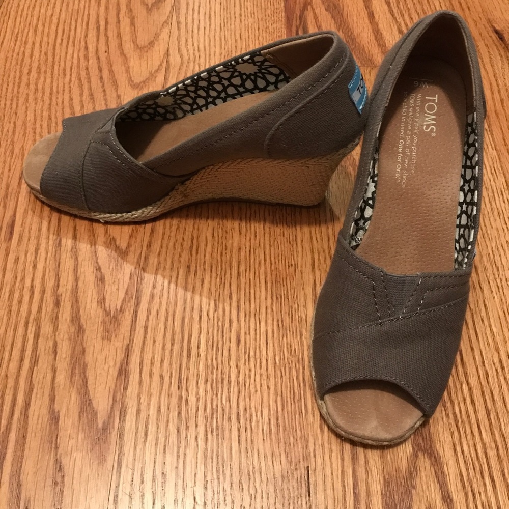 Toms Grey Canvas Peeptoe Wedges
