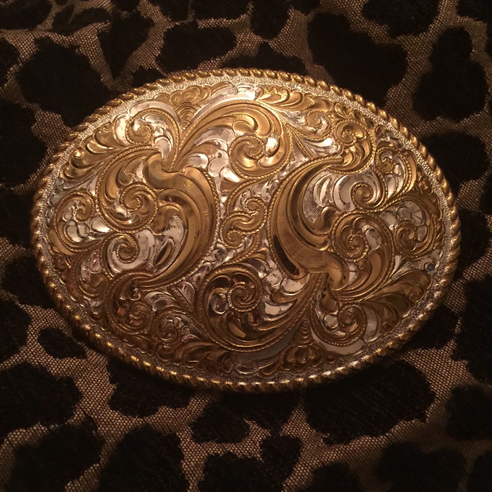 Vintage Gold Silver Metal Belt Buckle w Flourishes